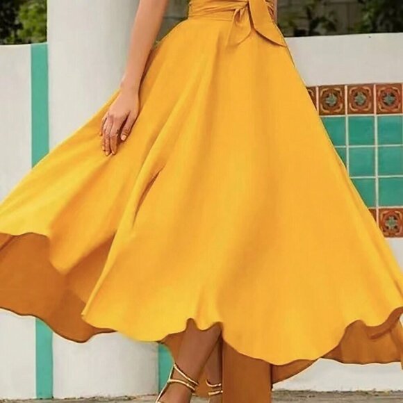 Yellow Casual Women's A-Line High Waist Tie Belt Long Skirt - Picture 1 of 4